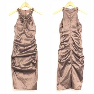 Cache Metallic Bronze Ruched Sides Dress Jeweled